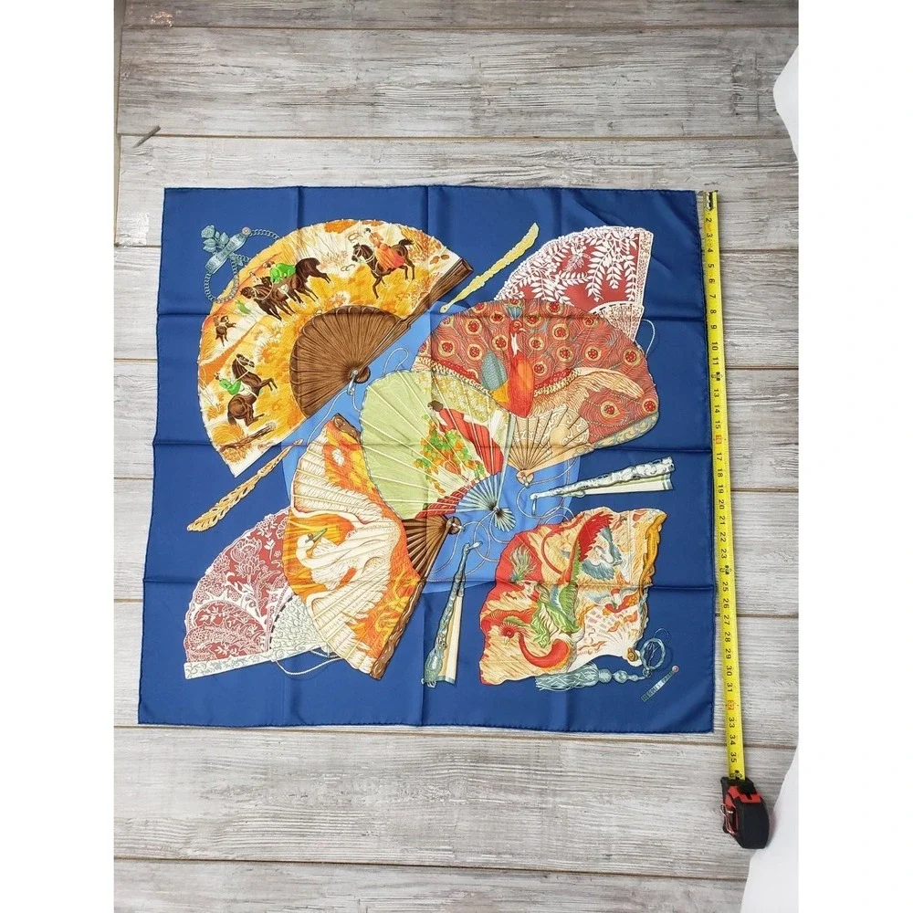 Hermès Brise de Charme 35in Silk Scarf Blue Equestrian Fan Design w Box